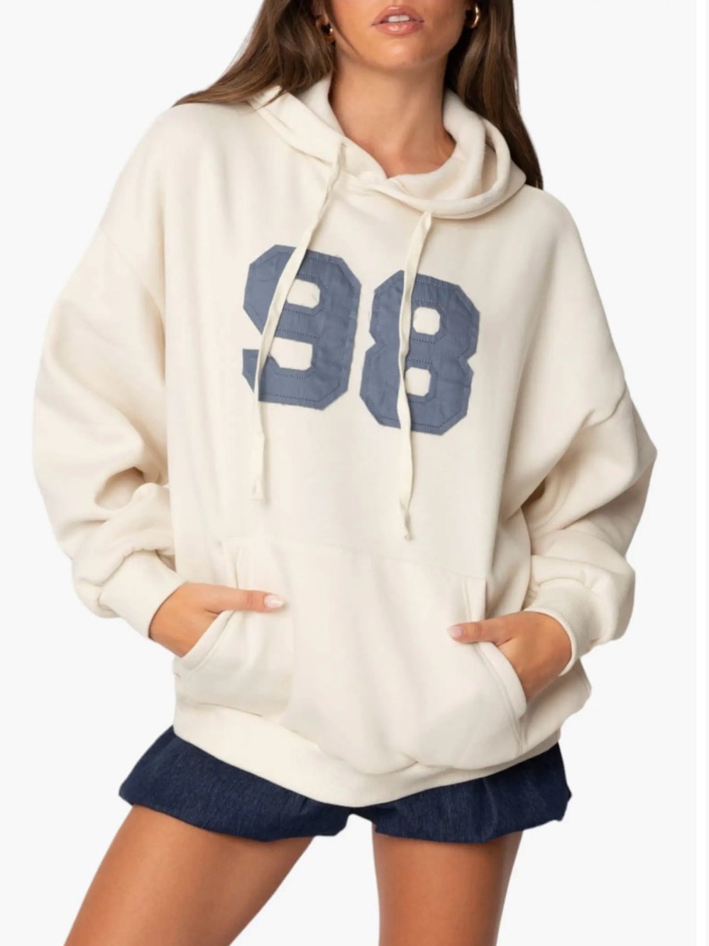 Edikted Cream Hoodie with Blue '98' Graphic Comfy Oversized Varsity Small